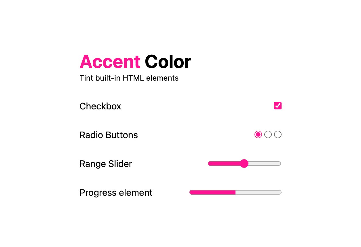 A light theme screenshot of an accent-color demo where
checkbox, radio buttons, a range slider and progress element
are all tinted hotpink.