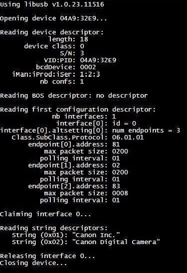 Screenshot of libusb
debug output on a web page, showing information about the connected Canon camera