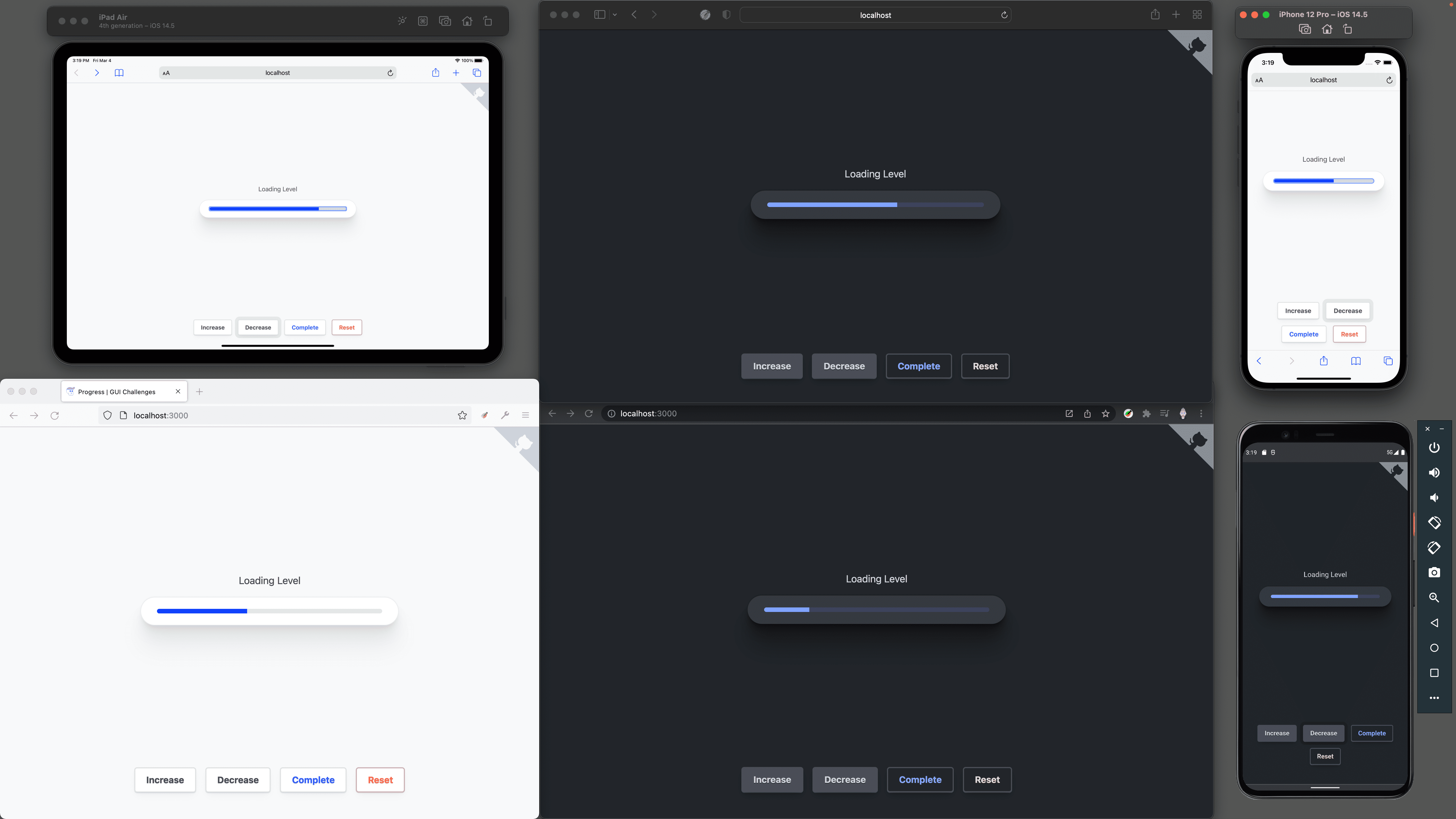 Light and dark tabs in each browser providing an
overview of the adaptive icon from top to bottom:
Safari, Firefox, Chrome.