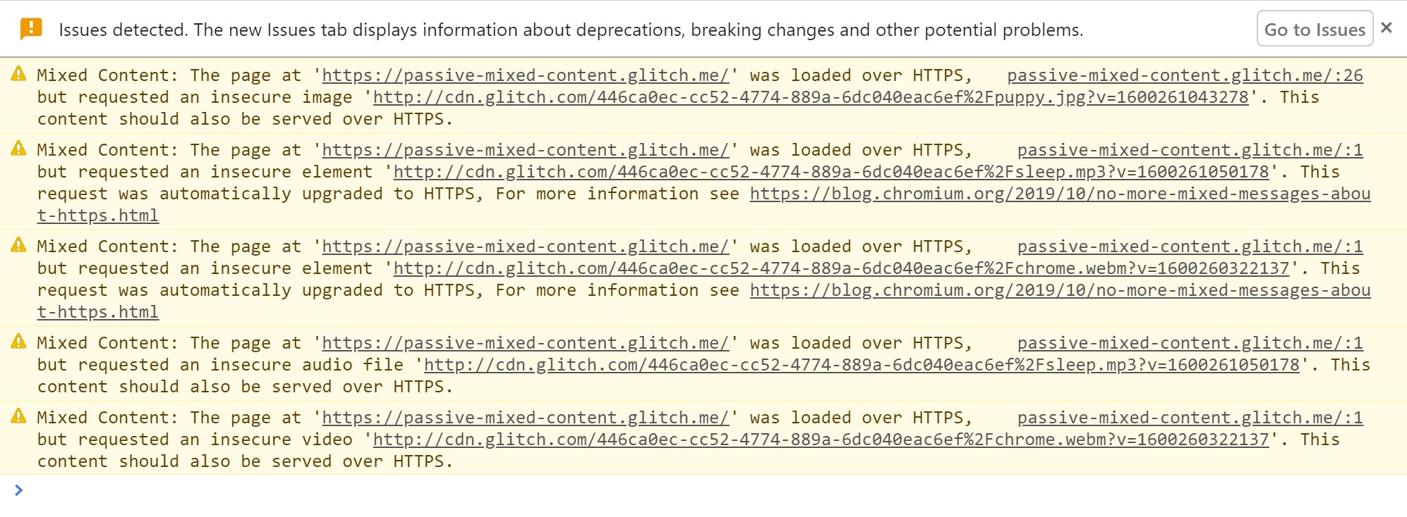 Chrome DevTools showing the warnings displayed when mixed content is detected and upgraded