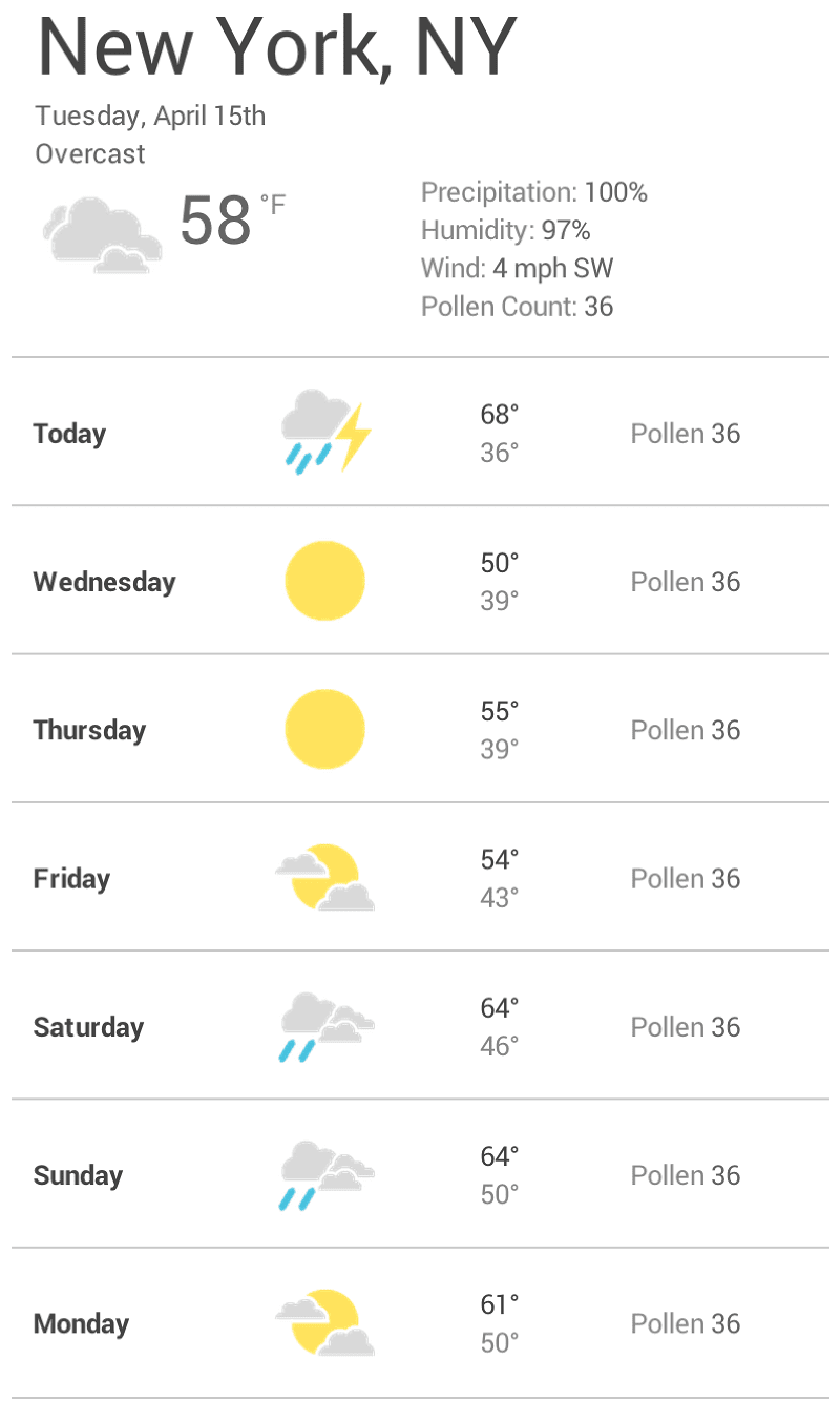 Screenshot of
a weather app at a mobile width
