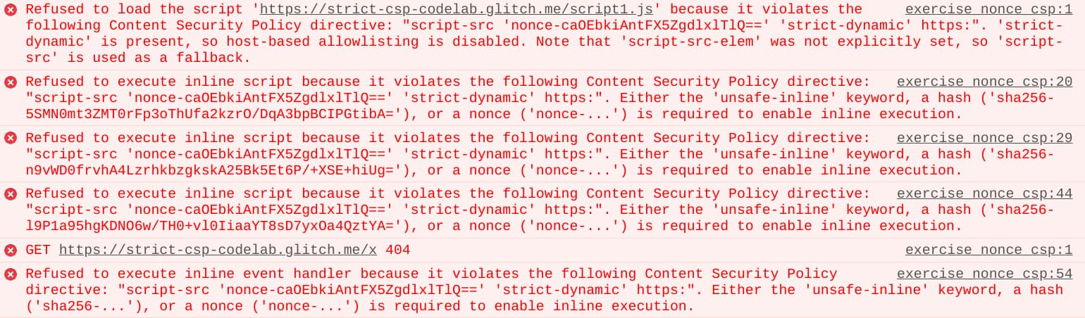CSP violation reports in the Chrome developer console.