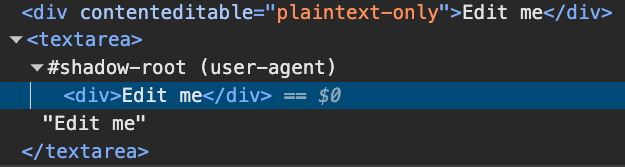Chrome DevTools Elements panel inspecting a textarea showing that it's using a div in a user-agent shadow root.